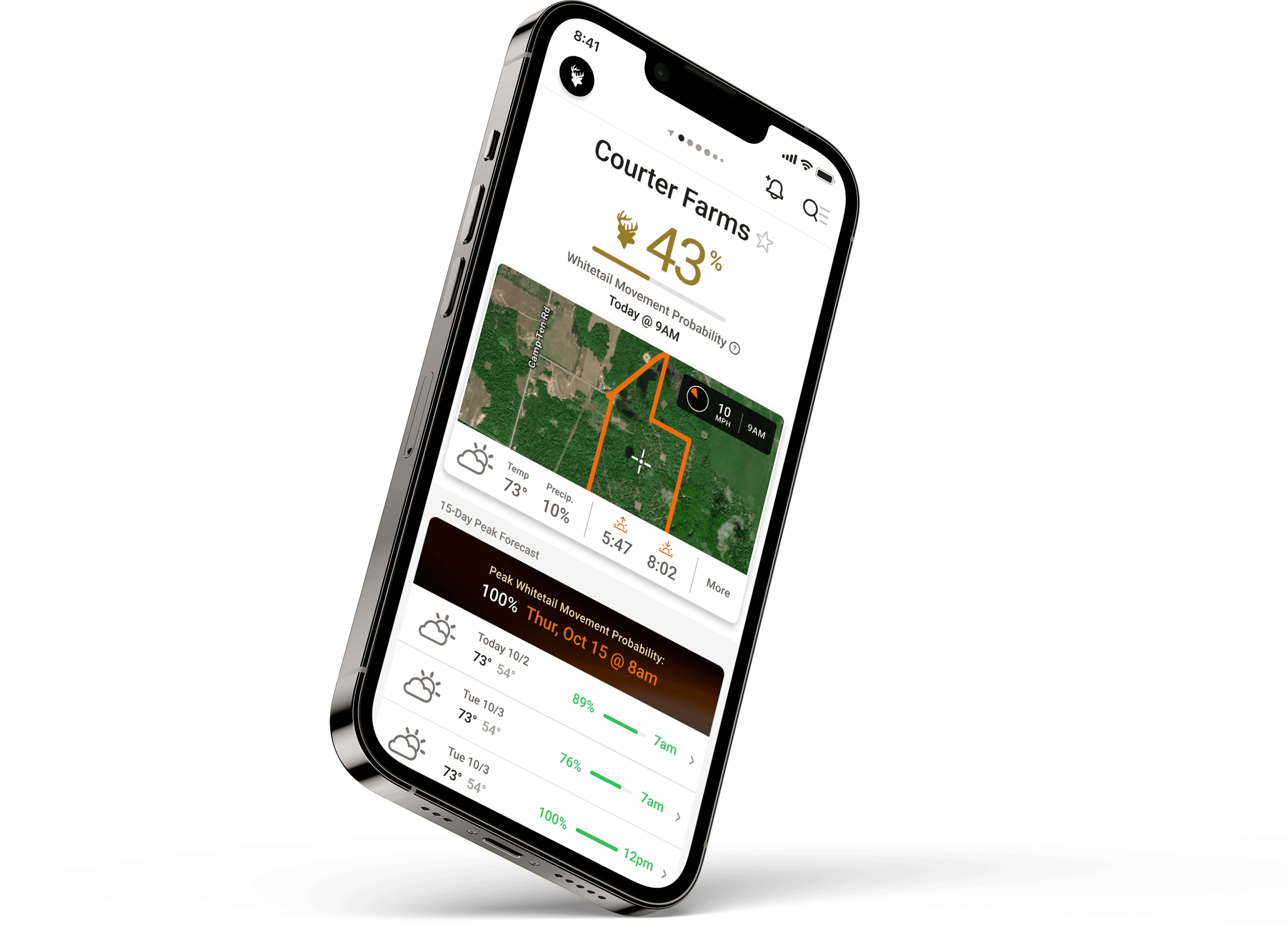 Image of the HuntWise app on a phone screen to plan hunts. 