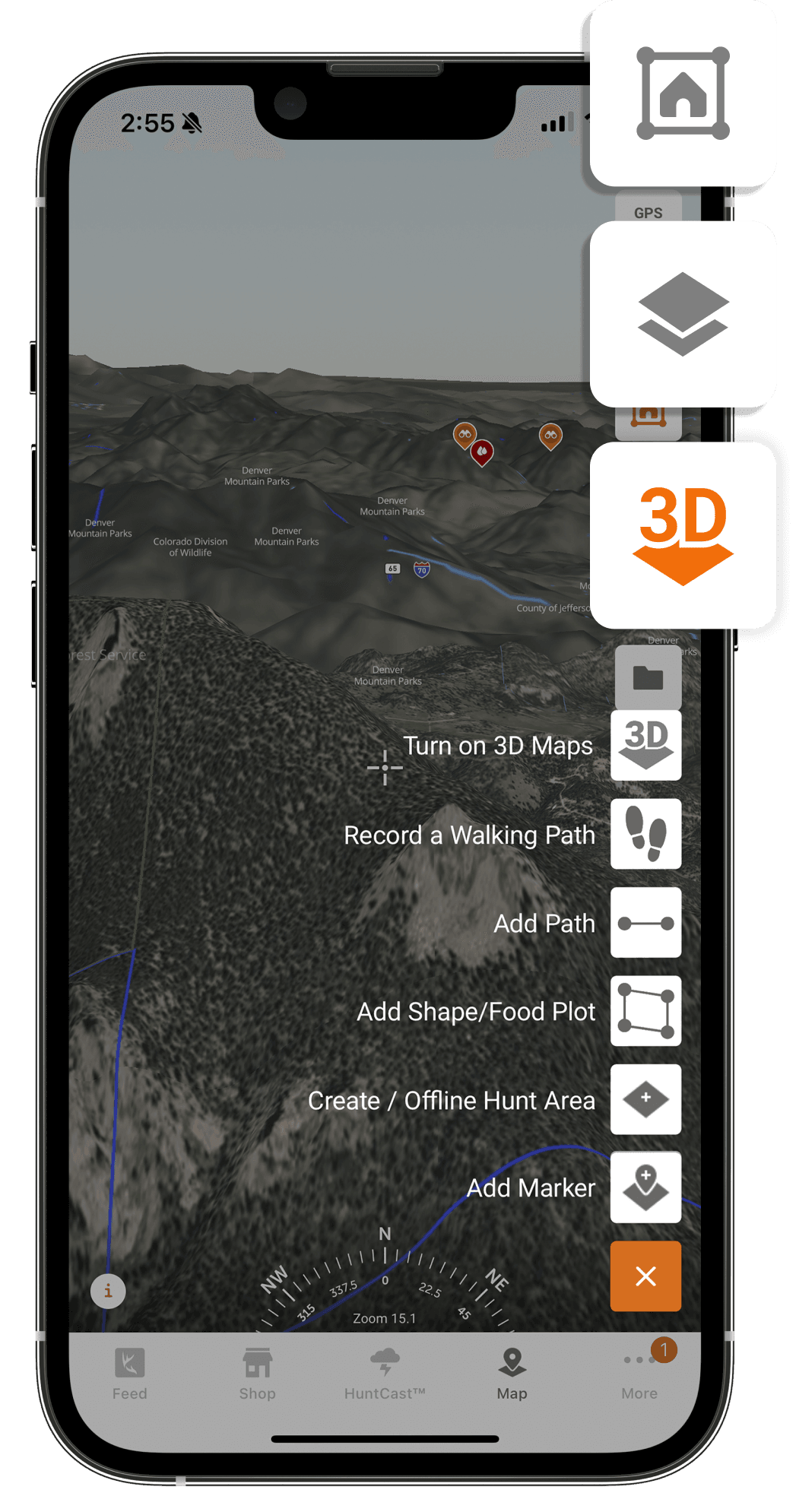 A phone screen showing HuntWise, finding public hunting land concept. 