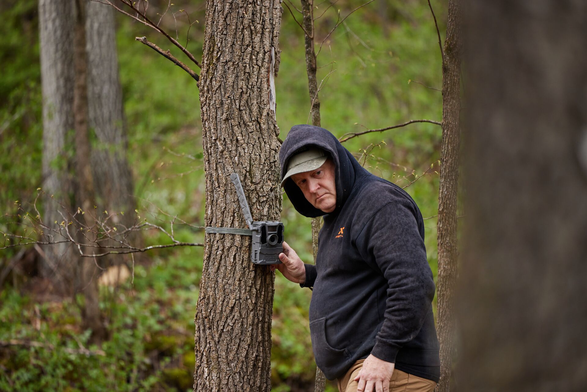 Jeff Sturgis sets up a trail cam on a tree, how to understand deer movement concept. 