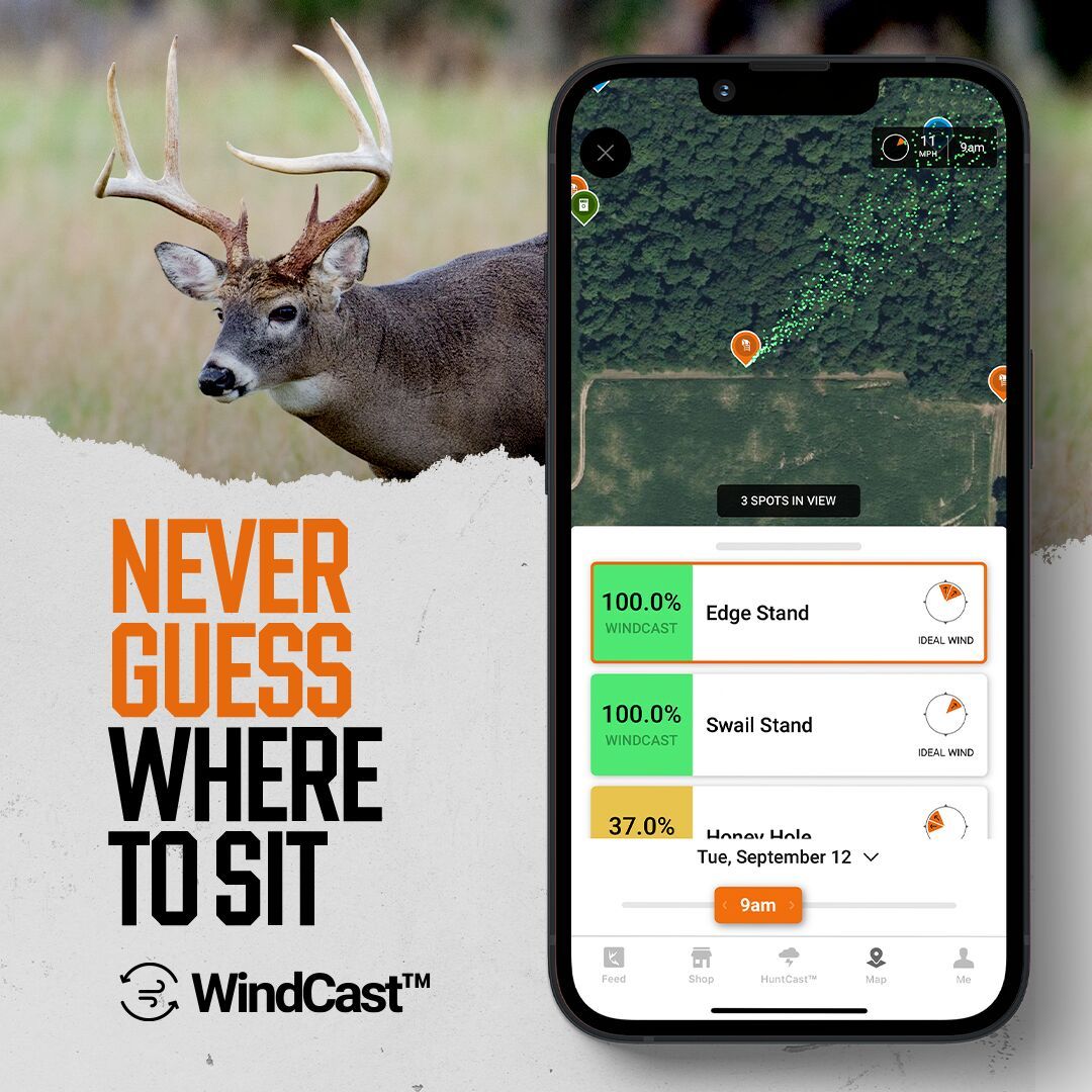 Graphic highlighting the HuntWise app WindCast feature to set up a tree stand. 