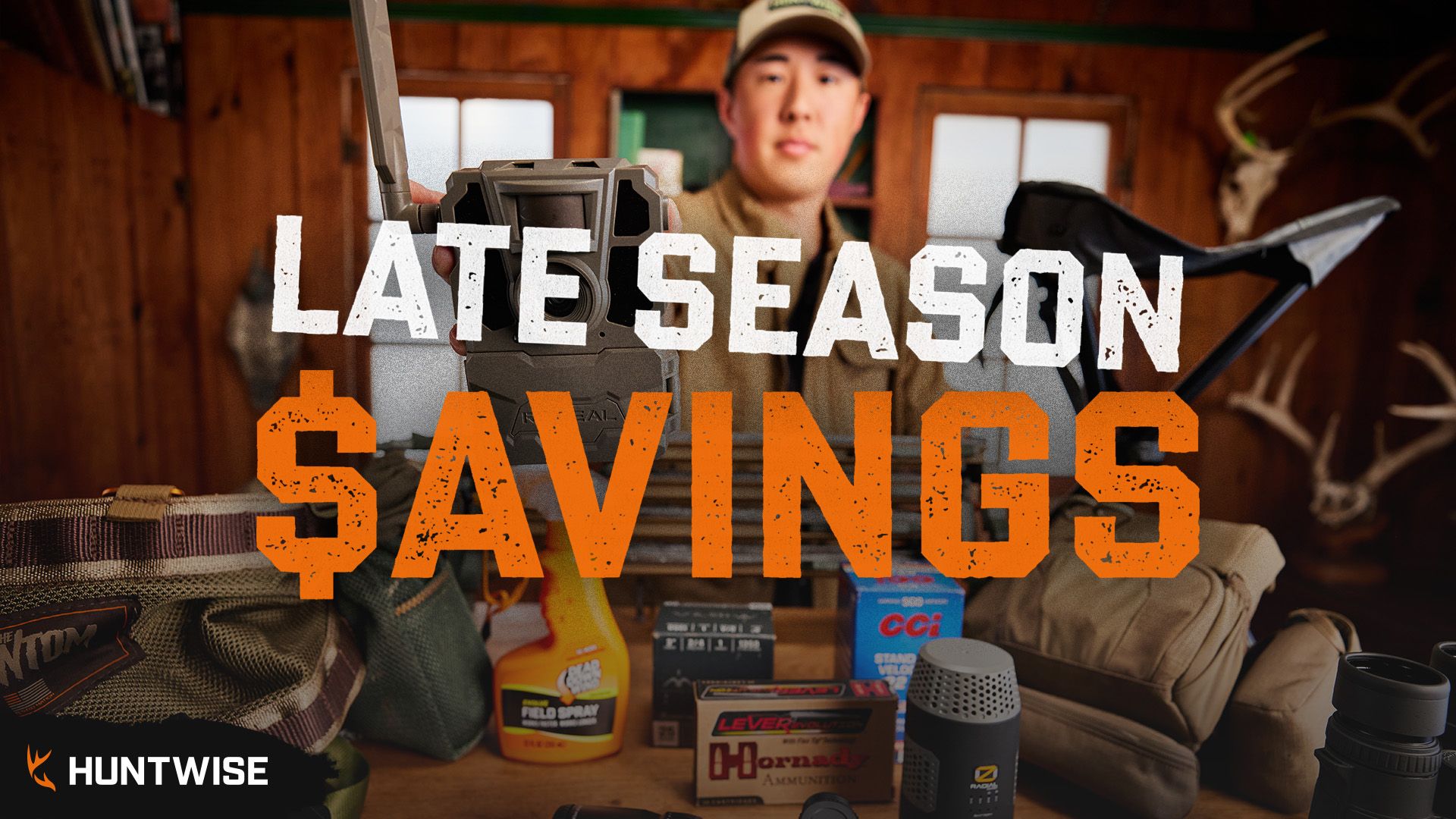 Graphic highlighting savings on late season discount hunting equipment. 