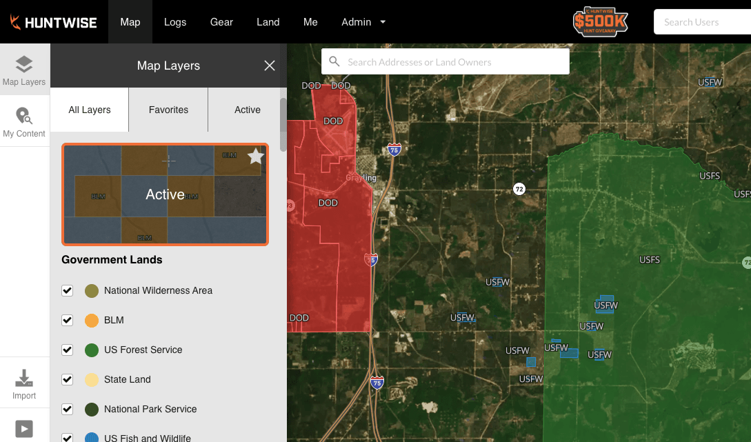 Close-up of the HuntWise app showing public hunting land boundaries.