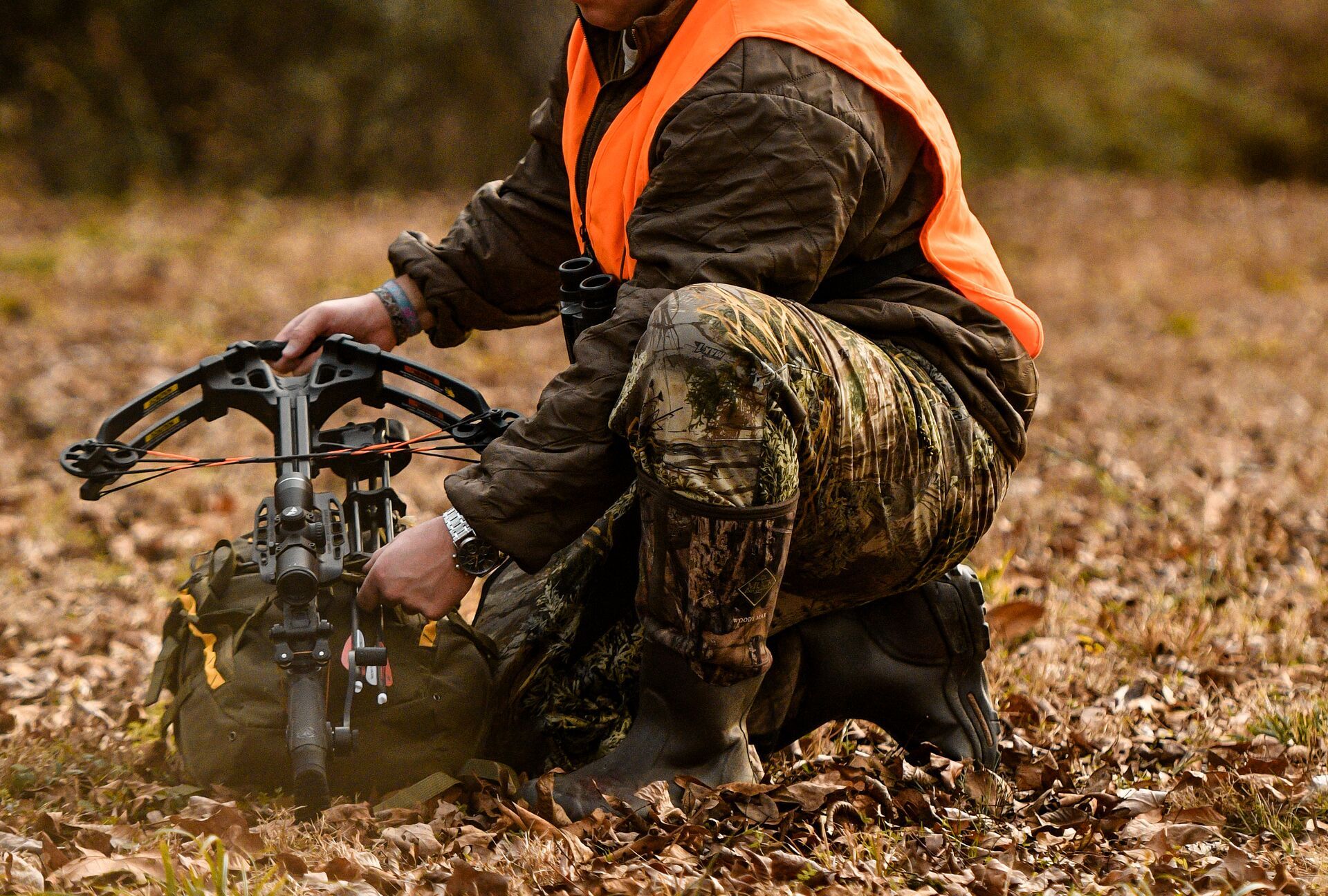 A hunter in camo and blaze orange puts a pack together, hunting gear for coues deer concept. 