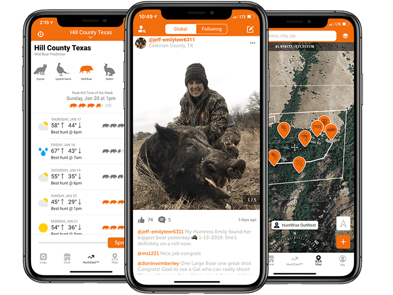 Close-up screenshots of the HuntWise app for wild hog hunting. 