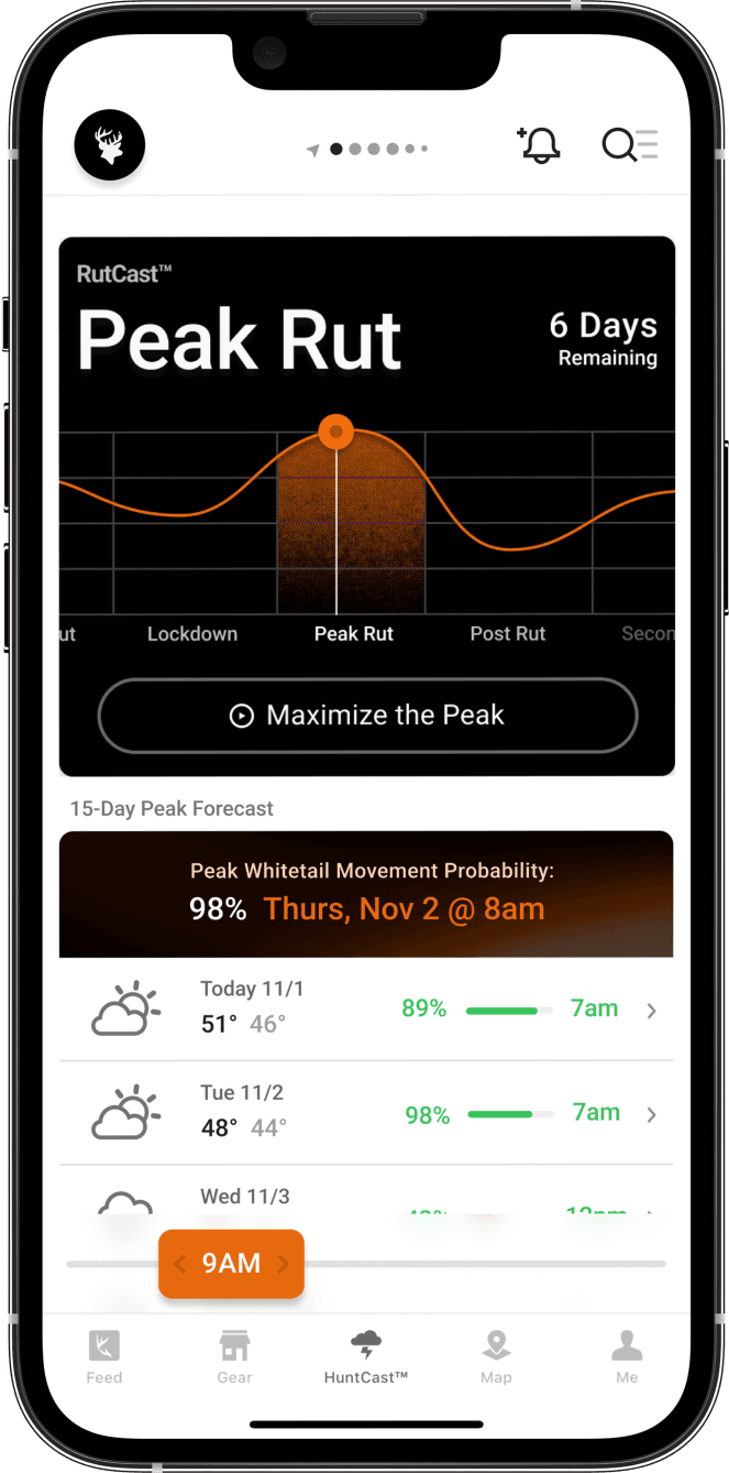 An illustration of a phone screen showing RutCast in the HuntWise hunting app.