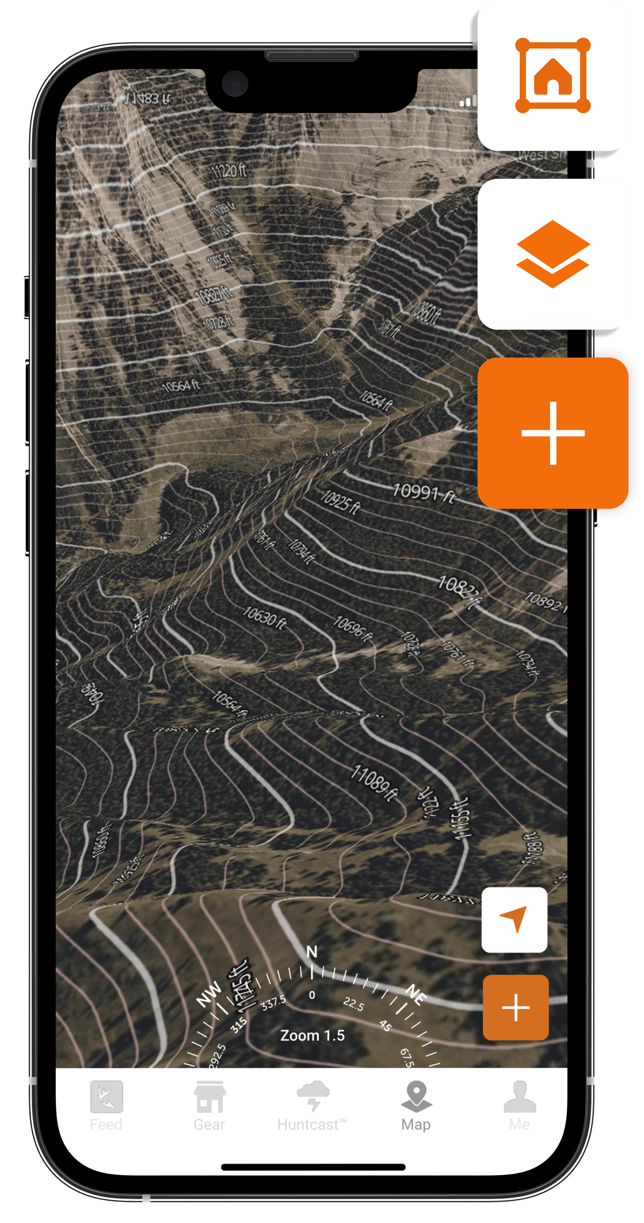 A phone screen showing map layers in the HuntWise hunting app. 