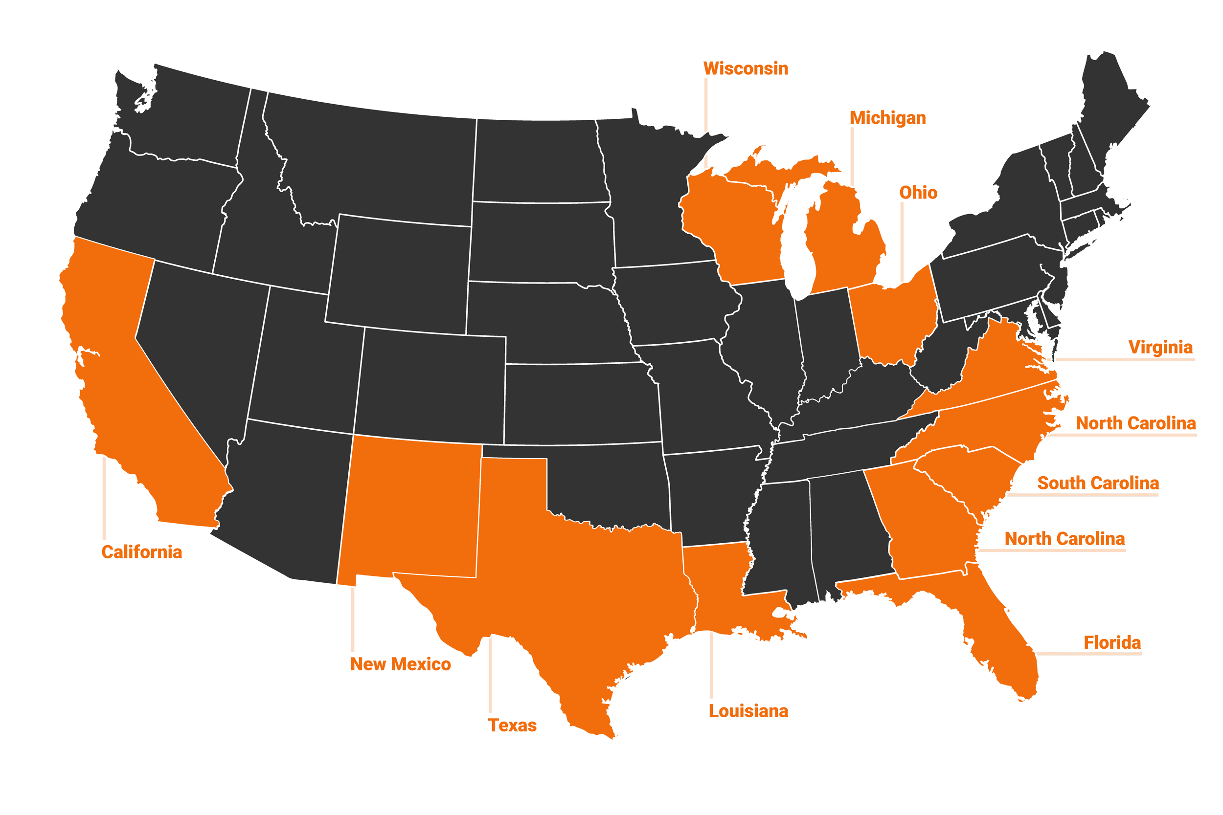 A map graphic of the twelve states where hog hunting is legal. 